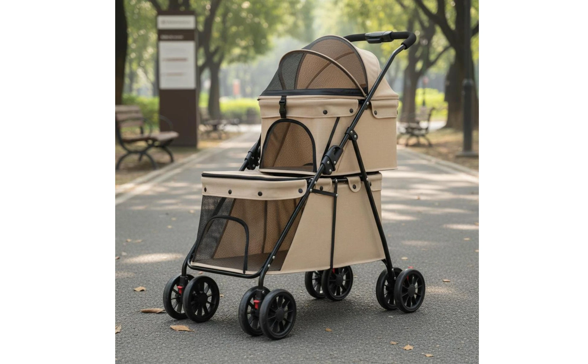 Double Layer Dog Feline Stroller Easy to Fold Double Deck Pet Stroller Breathable Mesh for Travel