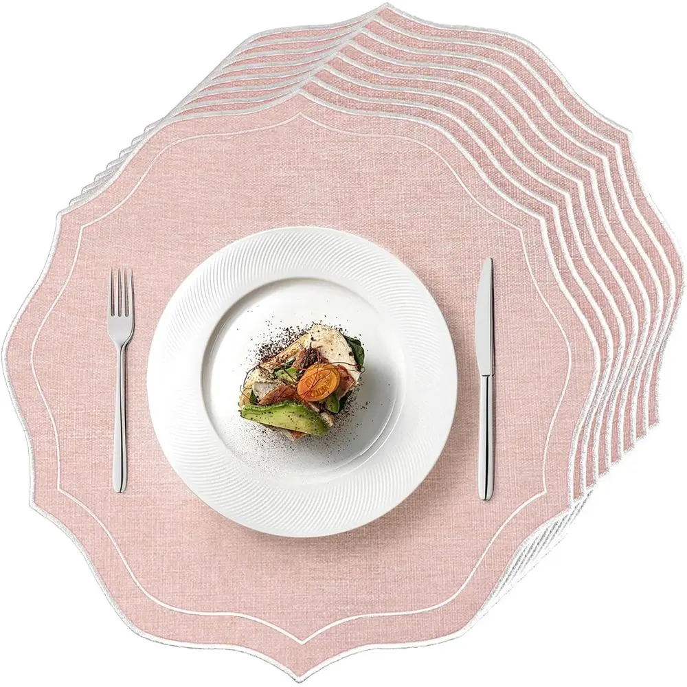 

8-Pack Cotton Linen Round Scalloped Placemats, 15x15 Embroidered Washable Table Mats for Weddings, Showers, and Parties - Pink