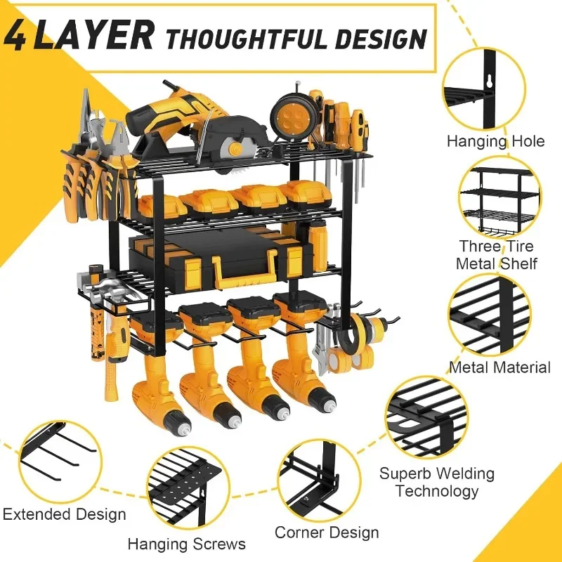 Power Tool Organizer, Drill Holder Wall Mount, 4 Layer Heavy Duty Metal Tool Shelf, Garage Tool Organizers and Storage Rack