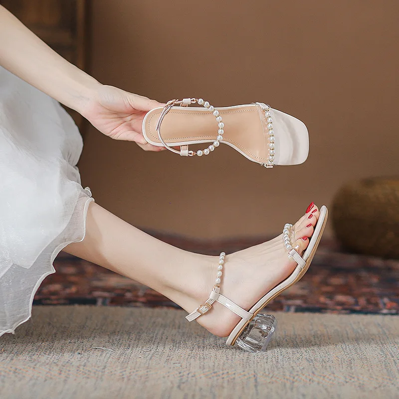 2024 Summer Fashion Casual Thick Heel Pearl Sandals Elegant Outdoor High-heeled Slippers Crystal Sandals, Sexy Party Shoes