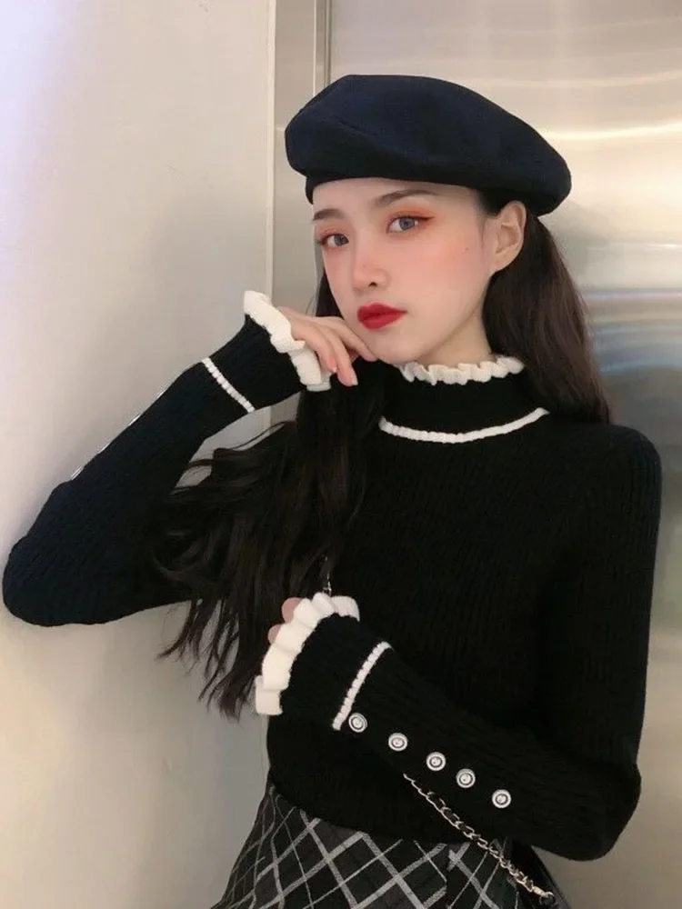 

Ruffles Sweet Knitted Sweaters Women Casual Korean Long Sleeve Pullovers Vintage Slim Design Fall Mock Neck Elegant Jumper