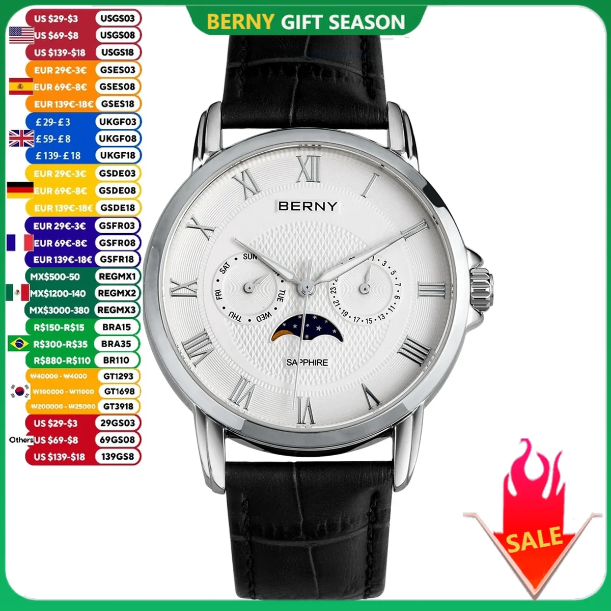 BERNY Watches for Men Calendar Date Week Moon Phase Quartz Men\'s Watch Sapphire Multi-function Dial Business Luxury Wristwatch