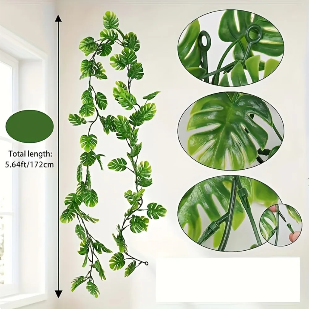 2 Stück 1,7 m Künstliche Monstera-Blattranken, Tropische Künstliche Palmblätter, Grüne Girlande, Frühlings-Hängepflanzen, Künstliche Efeuranken – Detail 6