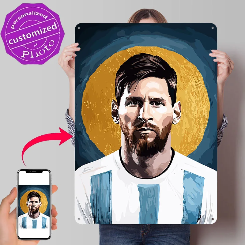 Lionel Messi Portrait Personalized 3D Textured Metal Poster Wall Art Vintage Tin Signs for Decoration Room Decor Luxury Home Man