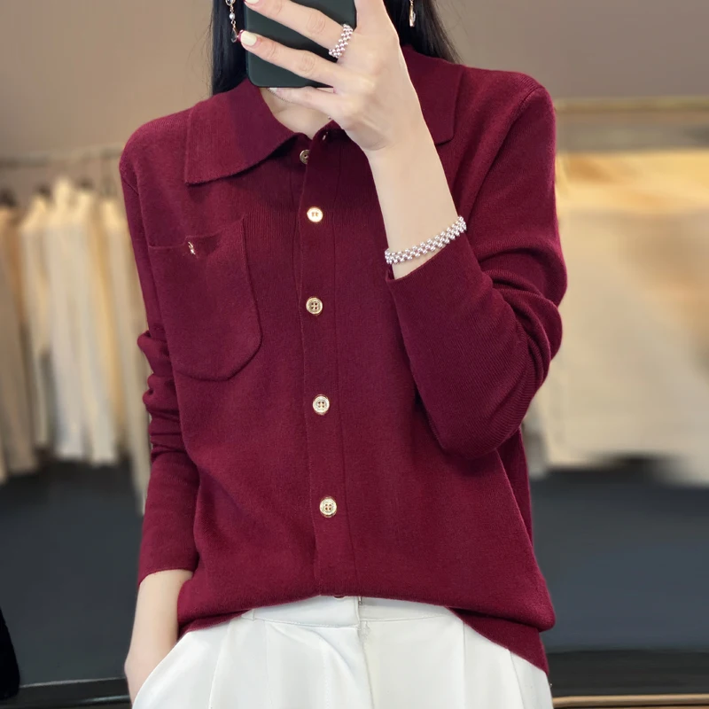 Women's Cardigan Spring Worsted Wool Knit Sweater Casual Pocket Shirt Loose Ladies Tops POLO Collar Single Breasted Jacket