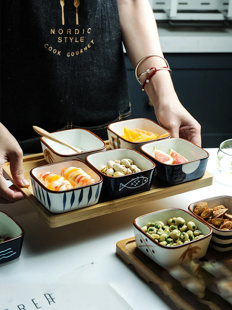 Japanese Style Tableware Set Underglaze Printed Sauce Dish Square Plate Snack Hot Pot Sushi Fruit Versatile Bowl + Wood Tray