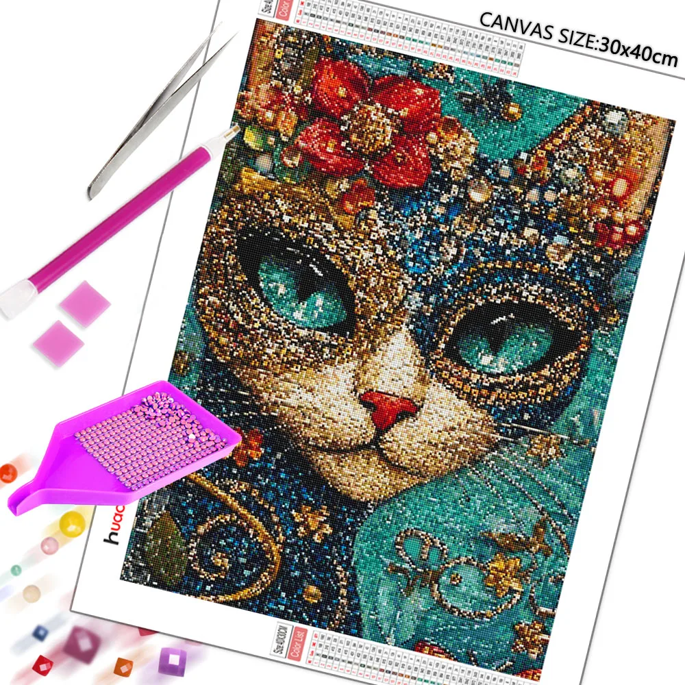 Huacan 5D DIY Diamond Painting Cat Flower Diamond Mosaic Animal Complete Kit Decorative Paintings