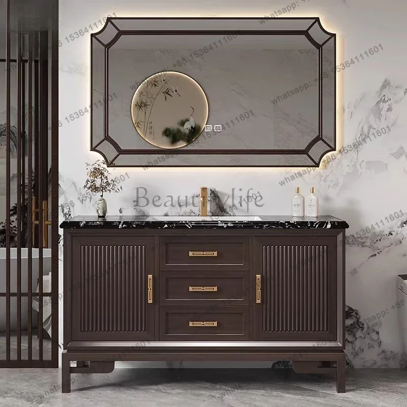 New Chinese oak bathroom cabinet combination slate marble double basin washstand bathroom floor cabinet