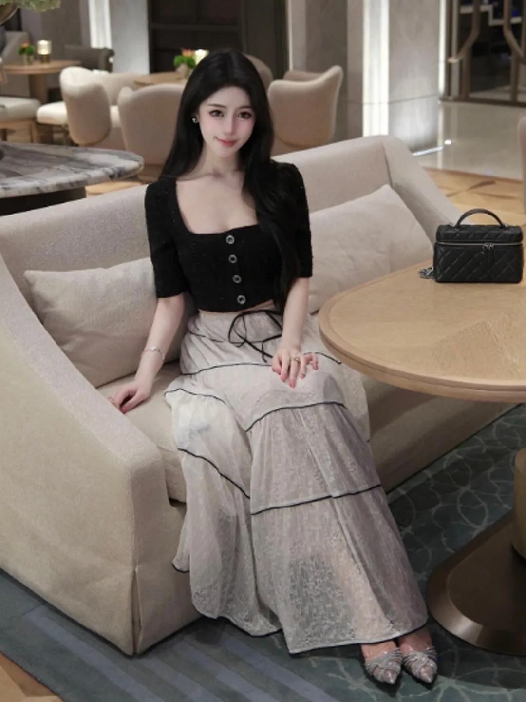 

Elegant Summer Women's Two-Piece Set Gentle Style Short Sleeve Top High Waist Skirt Comfortable Cotton Material Button Closure