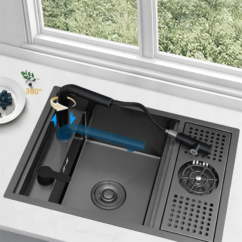 

Nano Hidden Bar Kitchen Sink Black Folding Faucet Cup Washer Mini Single Bowl Basin Stainless Steel Soap Dispenser Accessories