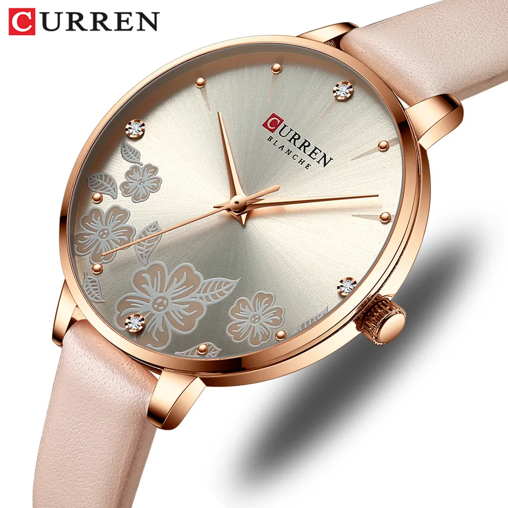 

CURREN 9068 Women's Watch Quartz Wristwatch Pink Blue Flower Diamond Fashion Leisure Leather Strap Clock for Ladies Gift