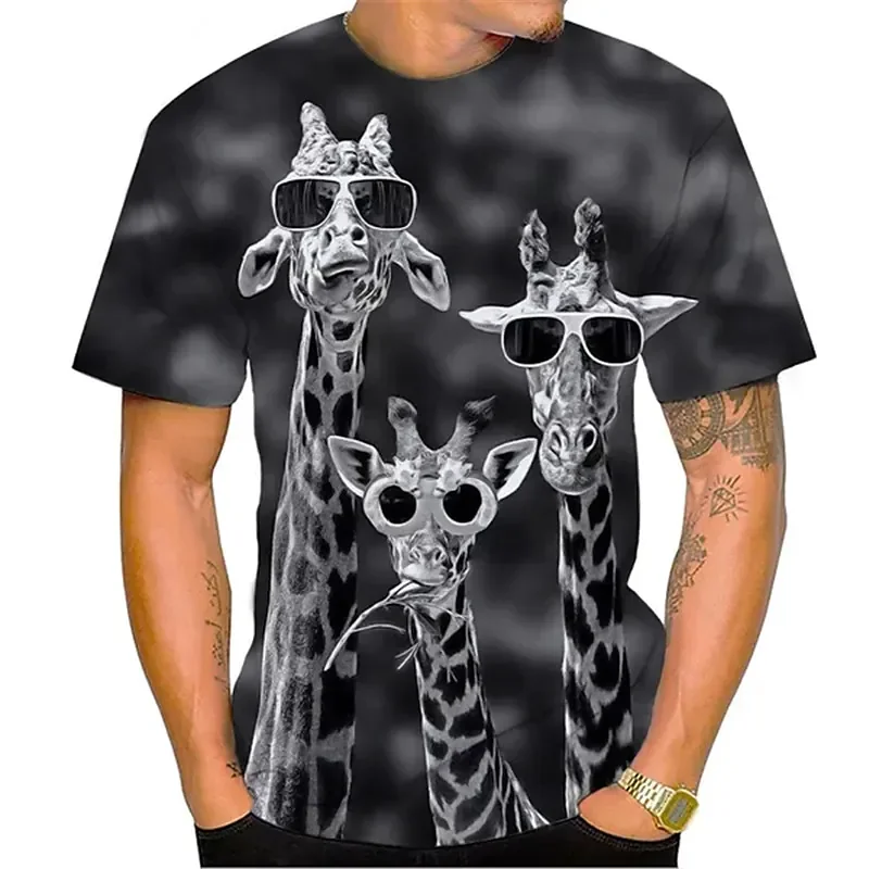 Summer Men\'S 3d Printed Giraffe Animal T-Shirt Fashion Casual O Collar Short Sleeve Street Funny Fun Loose Breathable Top