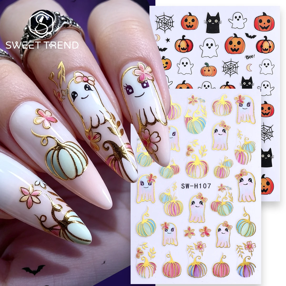 2pcs Bronzing Adorable Ghost Nail Stickers Gradient Pumpkin Spooky Black Cat Pattern Trending Decal DIY Halloween Manicure Foils
