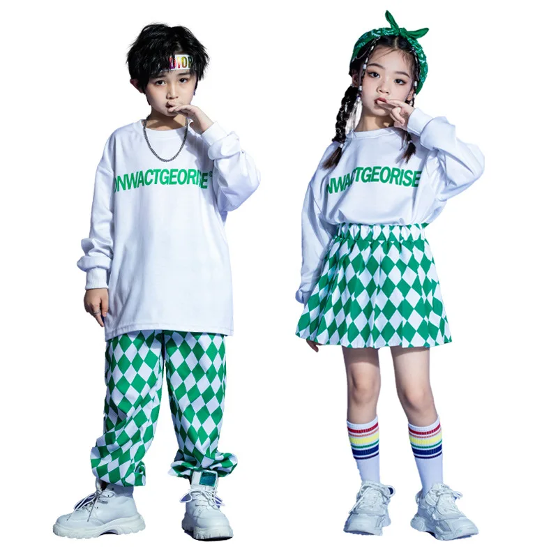 Kinder Hip Hop Kleidung Weißes Sweatshirt Grün Kariert Street Jogger Hosen Faltenrock für Mädchen Jungen Jazz Dance Kostüm Kleidung