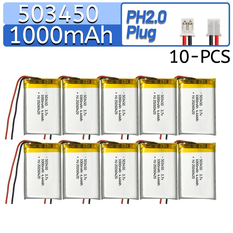 

503450 3.7V 1000mAh Polymer Lithium Rechargeable Battery + Without plug + XH2.54 plug +PH2.0 plug lithium polymer