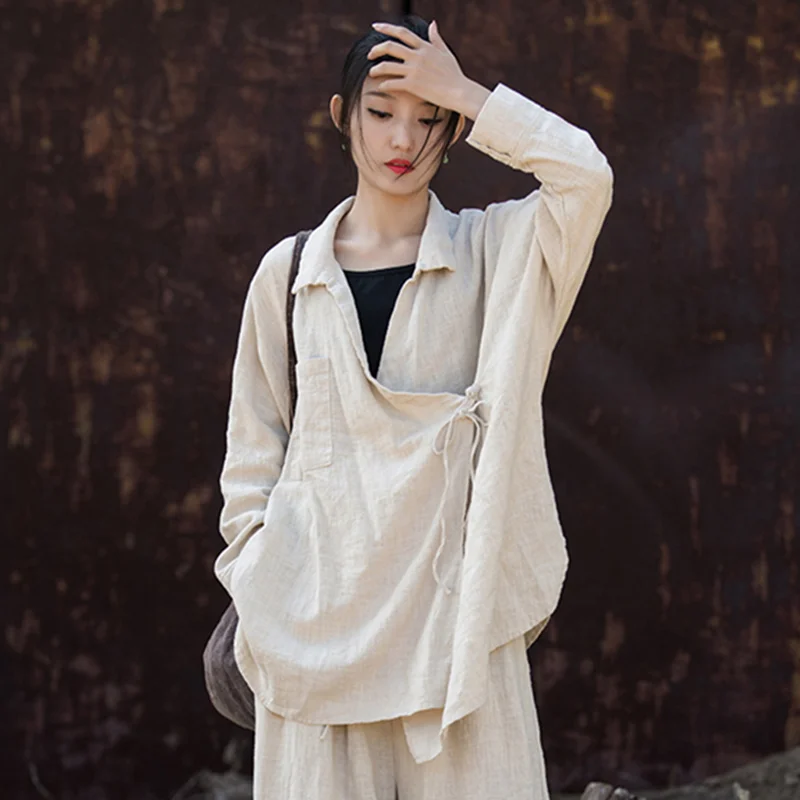 

Long Sleeve Vintage Clothes Blouses and Shirts Oversized Women Clothing Cotton and Linen T-shirt Loose Comfortable Overcoat