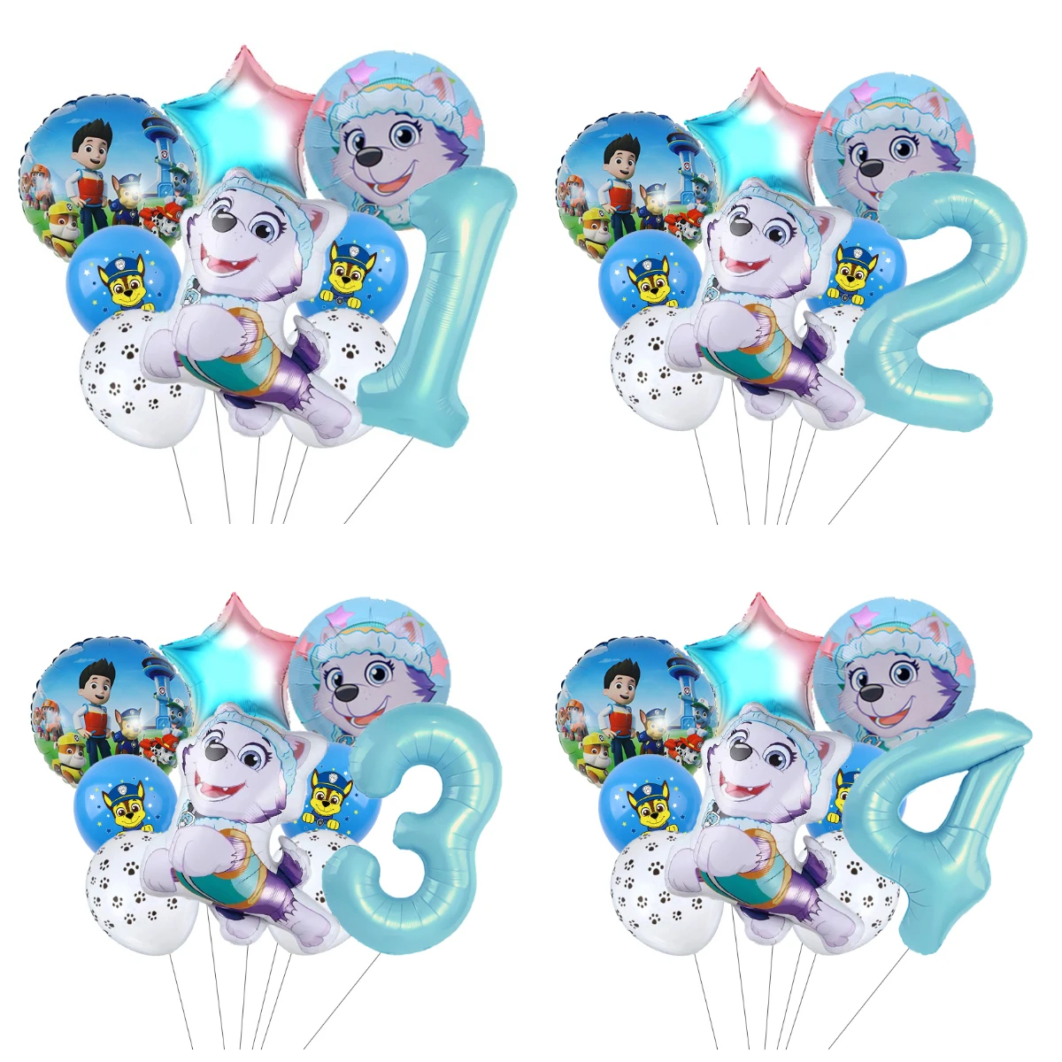9pcs Paw Patrol Everest Balloons Set Number 0-9 Blue Foil Latex Balloons Birthday Party Decor Supplies
