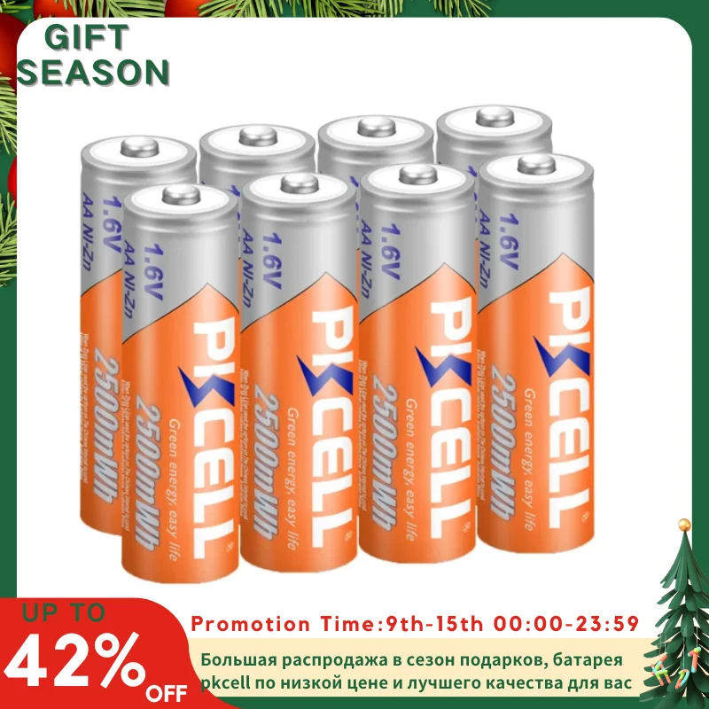 PKCELL-pilas AA recargables ni-zn, pilas de níquel-Zinc, 1,6 V, 2500mWh, para linterna, cámara de juguete, lote de 8 unidades
