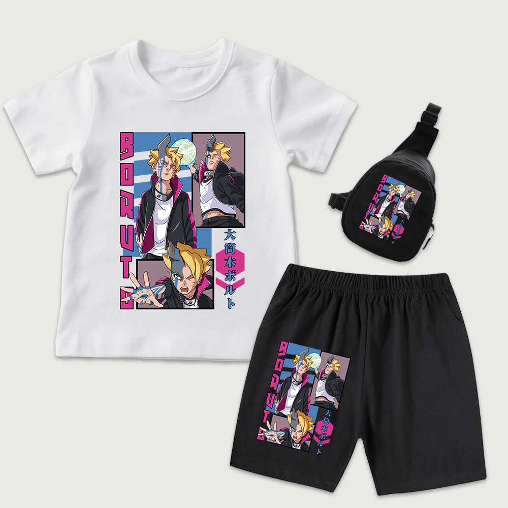 Boruto Anime Print Cotton T Shirt Shorts and Mini Chest Bag 3 Piece Set for Kids Boys Girls Summer Daily Wear