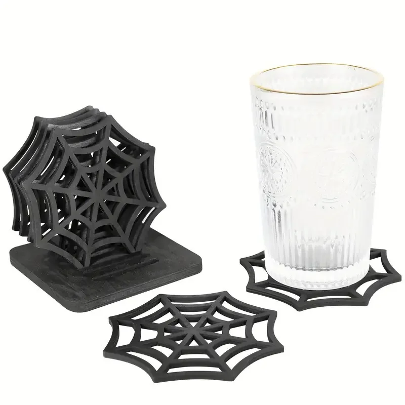 Spider Coaster Handcrafted Laser-Cut Wooden Spider Web Placemats Anti-Slip Base Halloween Table Decor Kitchen Accessories