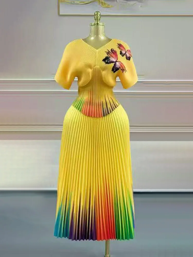 Egrm miyake solto design high-end conjuntos plissados temperamento impresso plissado cintura bat manga saia elegante conjunto de duas peças 7r2619