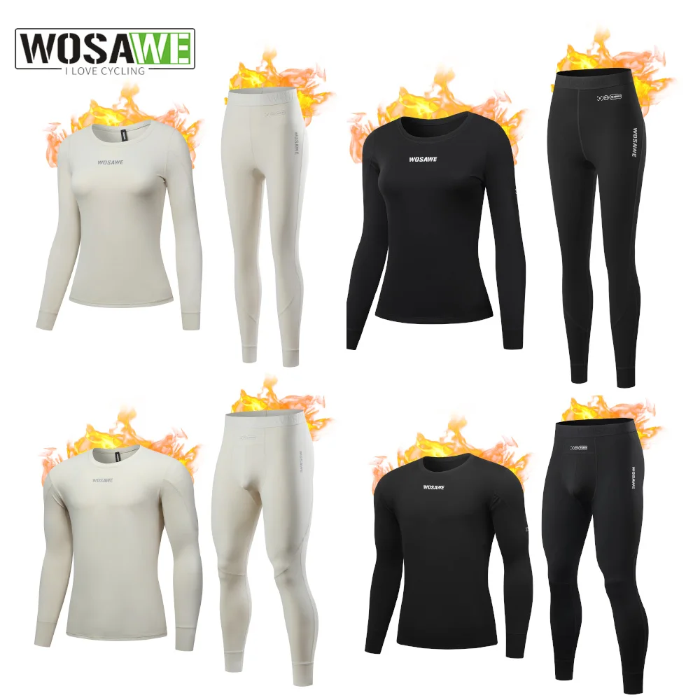 

WOSAWE Cycling Underwear Fleece Lined Thermal Underwear Set Winter Motocycle Skiing Base Layer Warm Long Johns Shirts and Pants