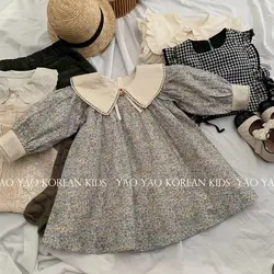 Baby Girls Dress Fashion Loose Floral Peter Pan Collar Sweet 2024 Autumn New Korean Style Childrens Dress