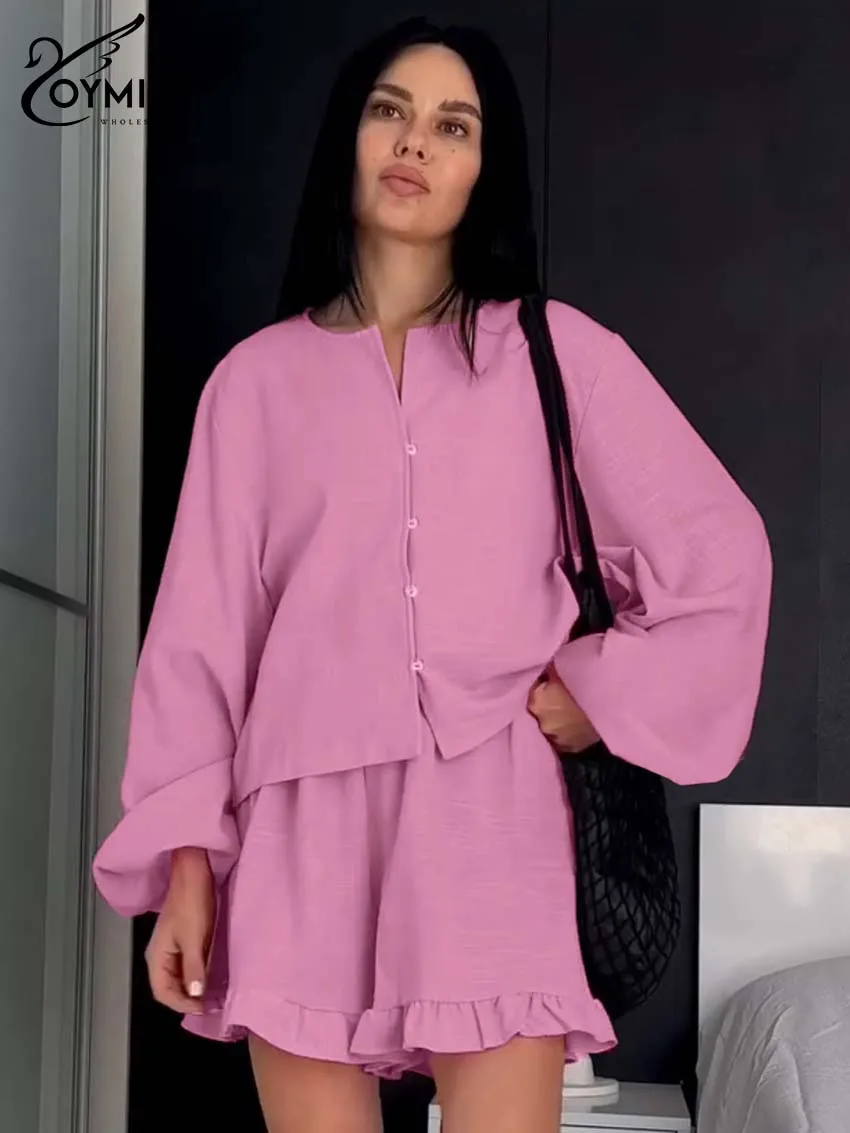 

Oymimi Casual Pink Cotton 2 Pieces Set For Woman Fashion O-Neck Puff Sleeve Button Shirts And High Waist Ruffled Shorts Sets