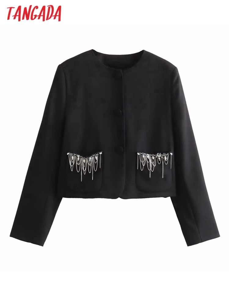 Tangada 2023 New Women Beading Decorate Crop Blazer Jacket Long Sleeve Female Coat 4M129