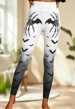 Women Mid‑Rise Fleece Lined Leggings, Halloween Gradient Bat Skeleton Hand Print Slim Stretch Pants