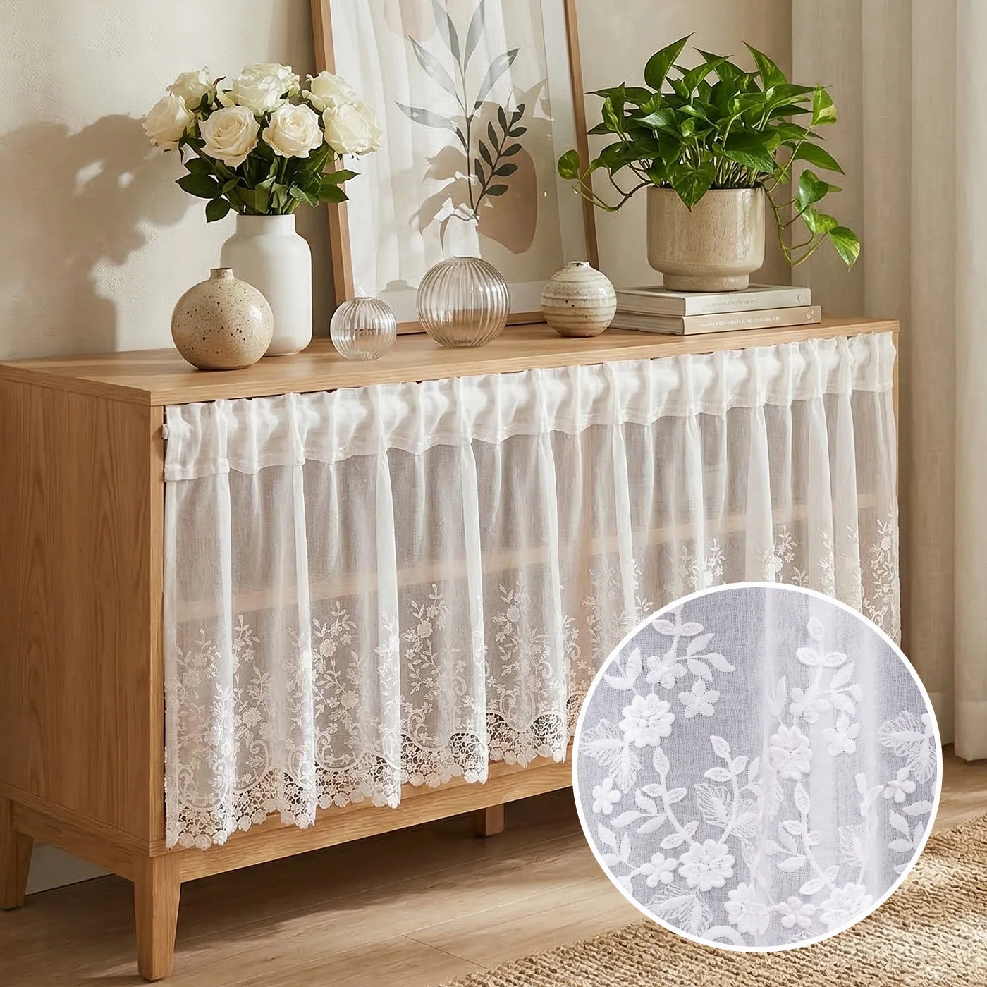 1 Stück Vorhang im koreanischen Stil mit floraler Stickerei, kurzer transparenter Volant für Küchenschrank, Wohnzimmer, süßes Geschenk für das neue Zuhause
