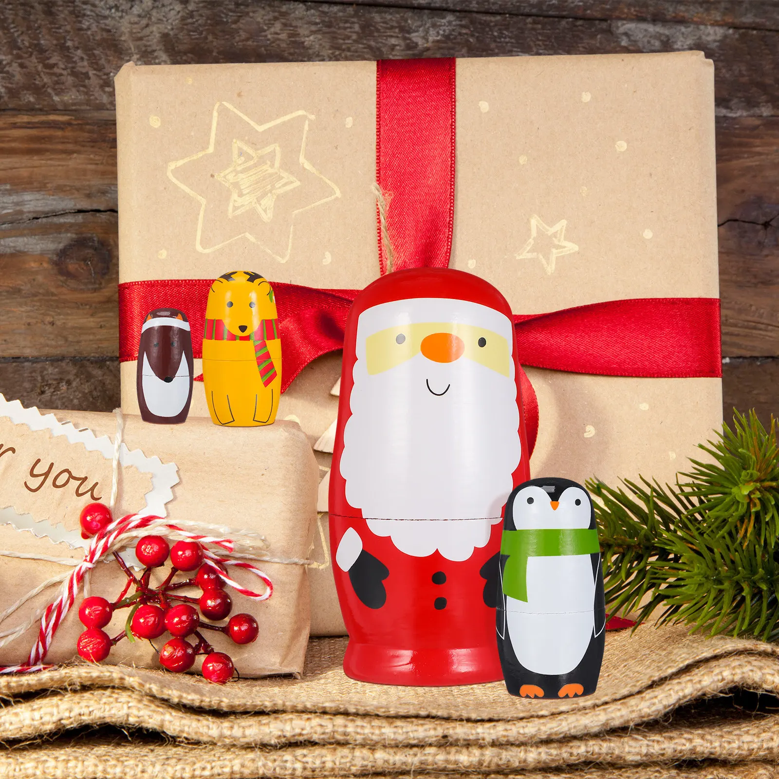 6pcs Santa Claus Russian Matryoshka Hand Painted Wooden Christmas Holiday Decor Gift, Russian Nesting , Nesting