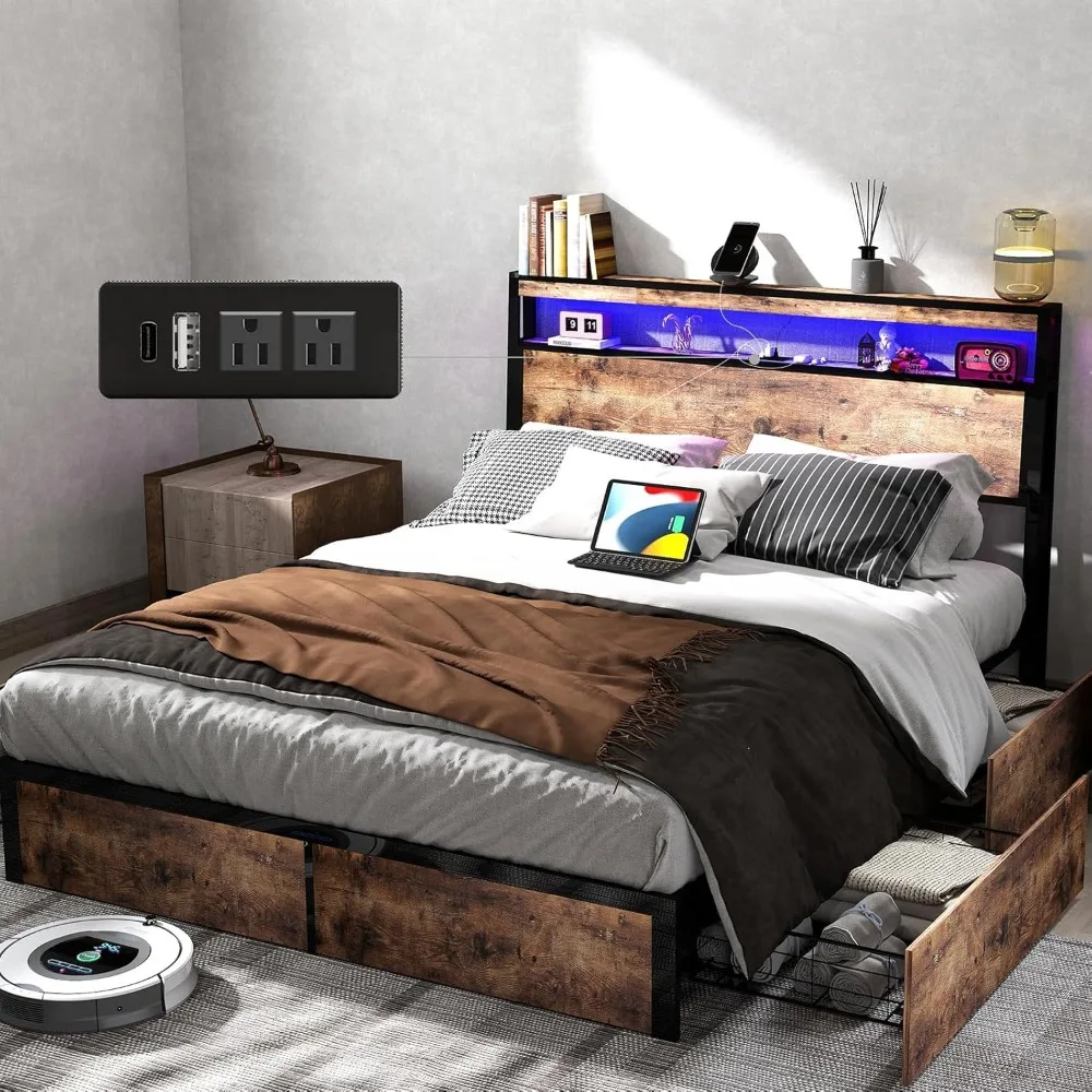 

Bed Frame with 4 Storage Drawers and Headboard with Charging Station and LED Lights,2 Tier Solid Wood Headboard Storage