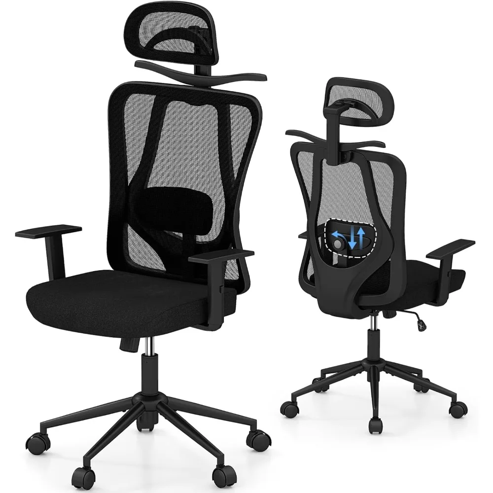 COSTWAY Mesh Office Chair, Ergonomic Computer Desk Chairs with 3D Headrest, Adjustable Armrest & Lumbar Support, Coat Hanger, Ro