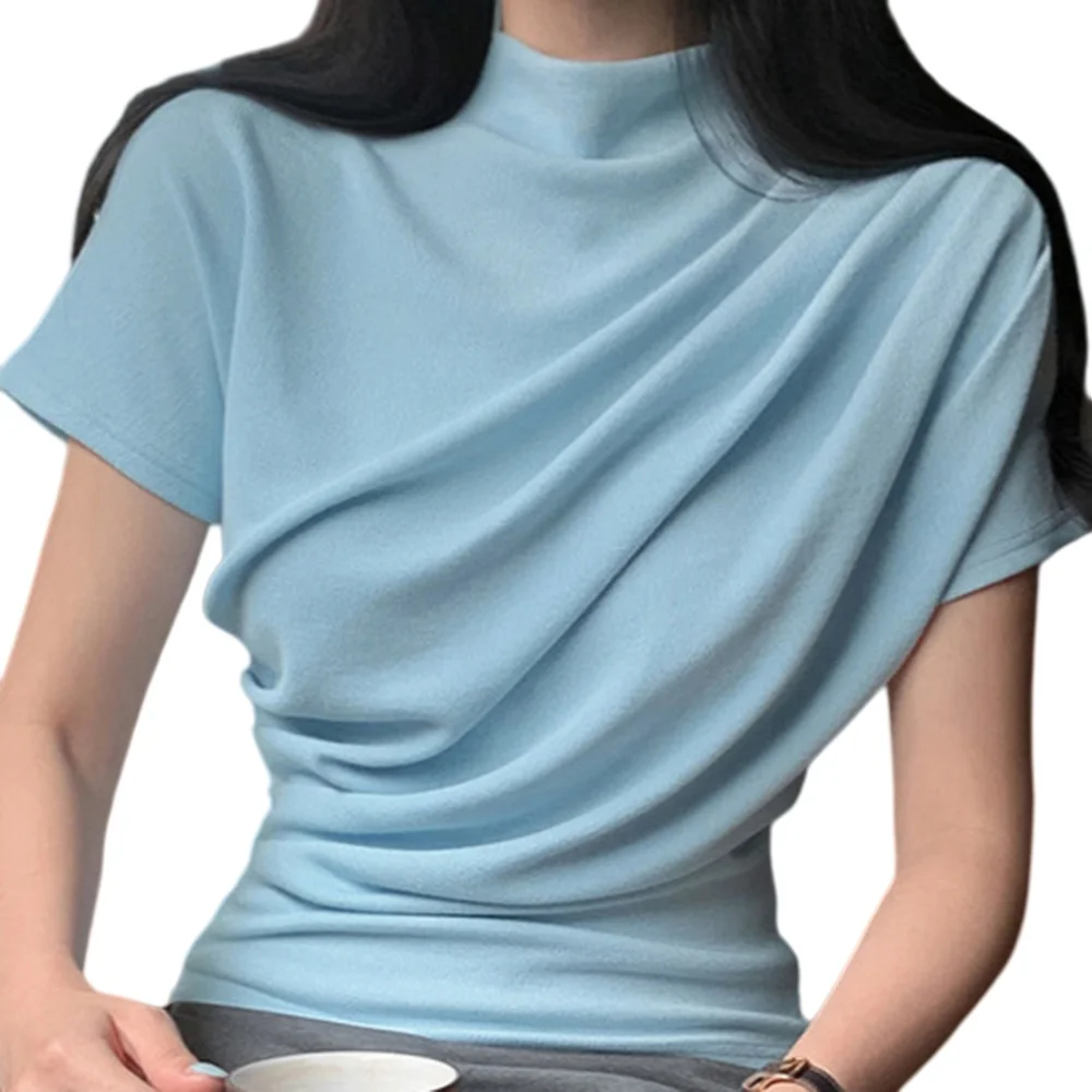 Solid Color Polyester Top for Women with Short Sleeves Half High Neck and Contemporary Irregular Finish for Summer
