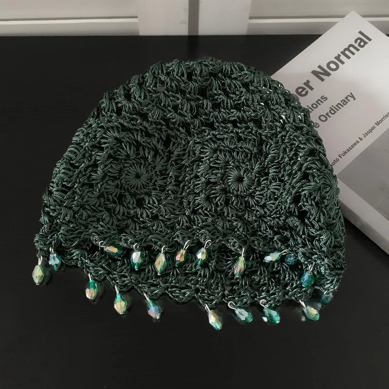 Böhmischer Ethno-Stil Anhänger Handgestrickter Hohlstrick-Pulloverhut für Frauen Sommer- und Herbstreisen Vielseitige Strickmützen – Detail 2