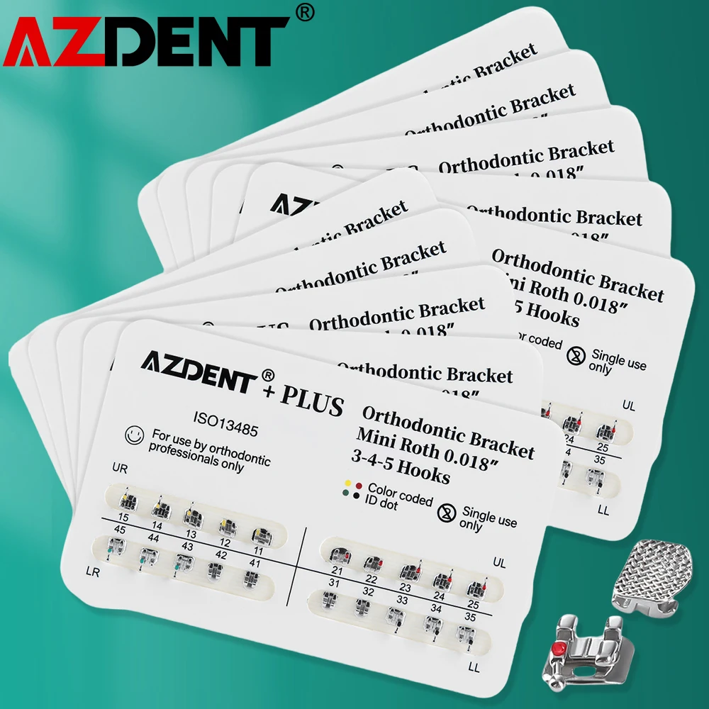 

10 Packs=200Pcs AZDENT Dental Brackets Orthodontic Braces Plus Metal Mini Standard Mesh Base Roth/MBT 0.022/0.018 Hooks 345