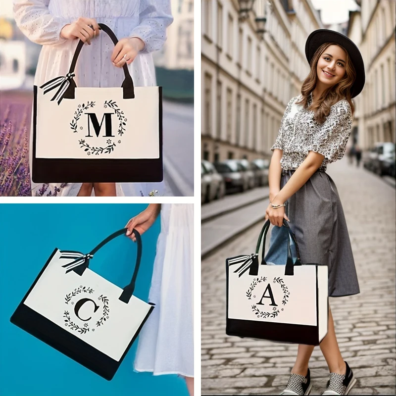 

Flower Wreath Letter Canvas Mother Tote Bag Mother Beach Bag Fashionable and Trendy Handbag Shopping Bag