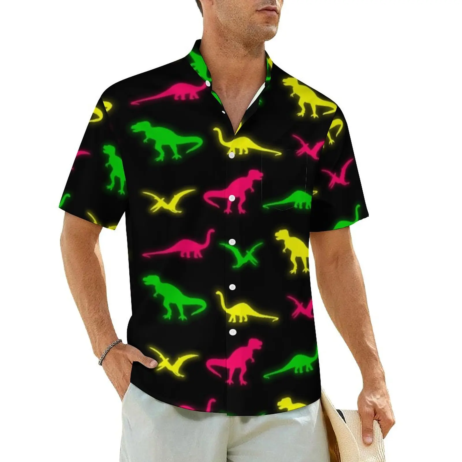 

Neon Dinosaur Beach Shirt Male Colorful Animal Print Retro Y2K Casual Shirts Hawaiian Short Sleeve Harajuku Oversize Blouses