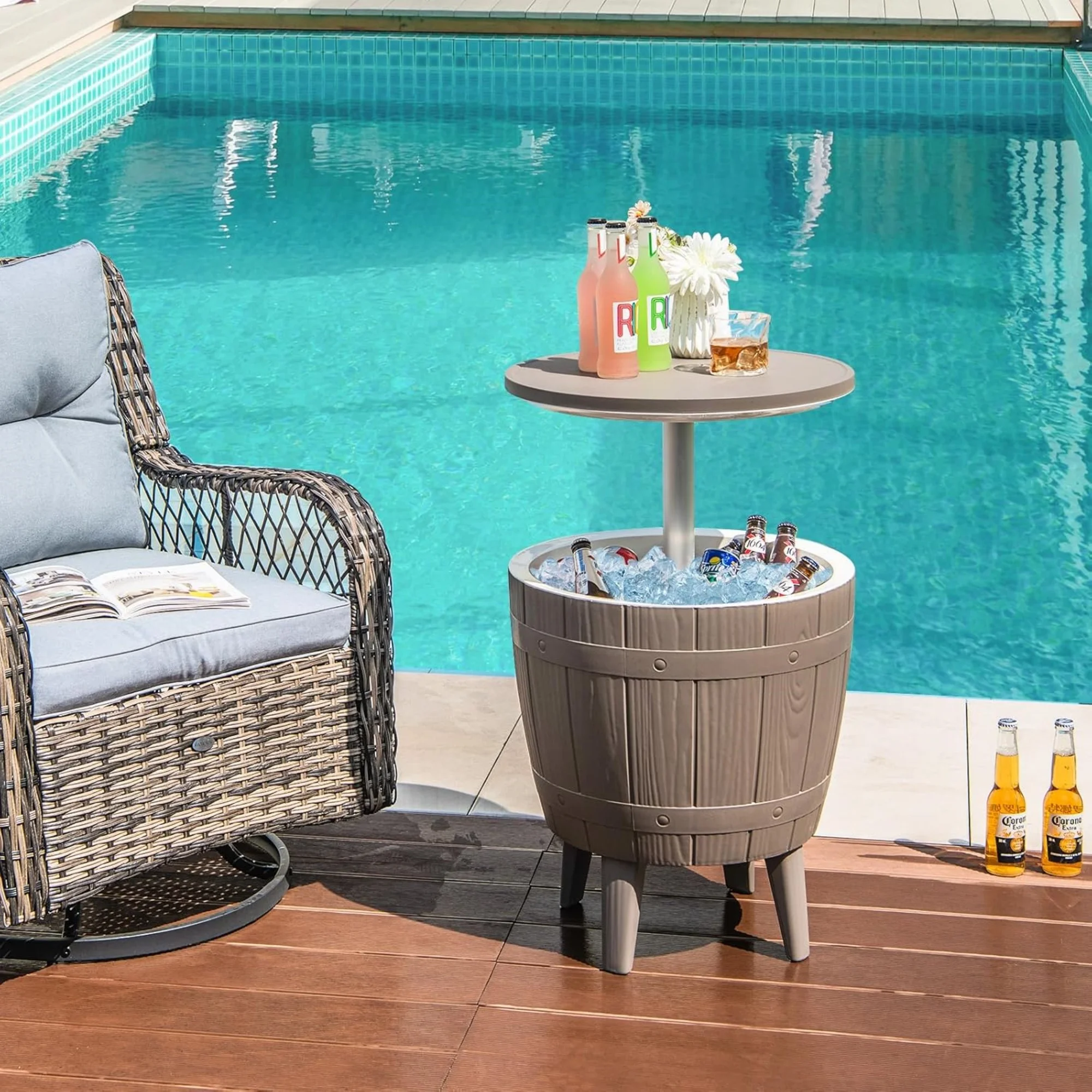 Cooler Side Table Outdoor, 10 Gallon Ice Cooler with Drainage Plug, Adjustable Height, 3-in-1 Cocktail Patio Par Table for Beer Wine Storage, Deck Pool Backyard Party, Taupe (Wood-Style)