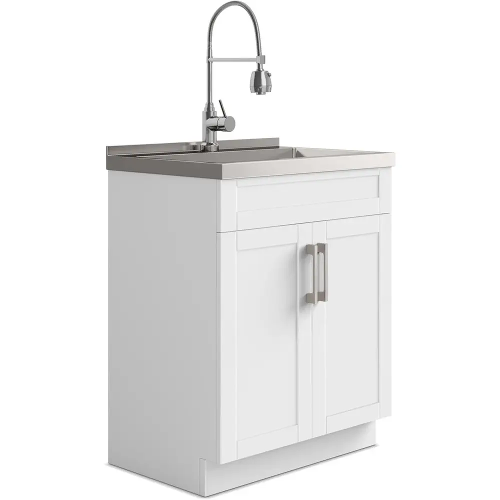 

Henny All-in-One 28 inch Wide Utility Sink and Laundry Cabinet in e White inish, Transitional StainlSteel Sink Cabinet or Laundr