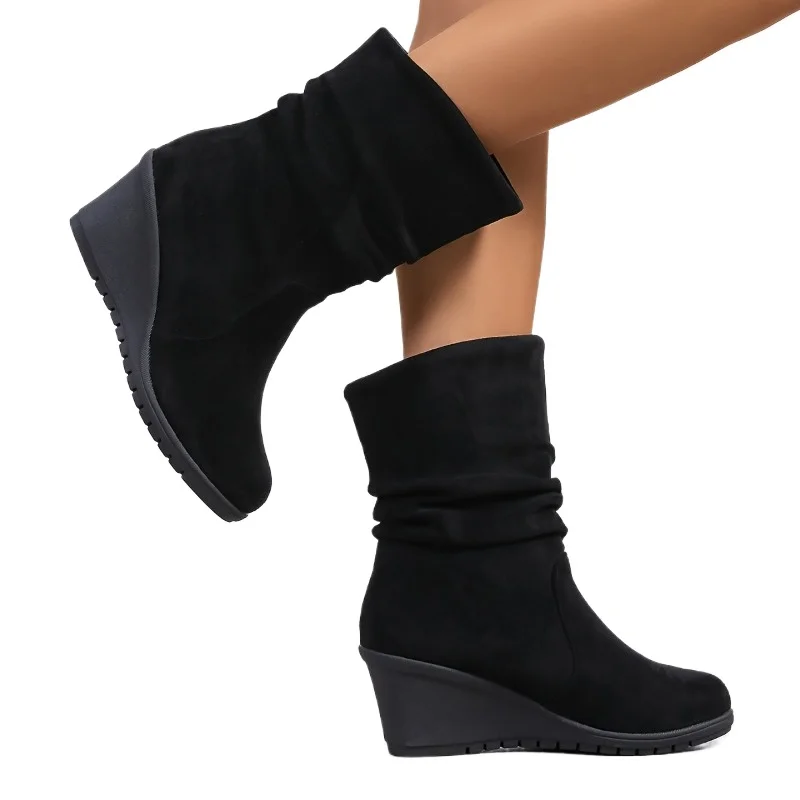 Ladies Shoes 2024 Mid-Calf Women\'s Boots Rome Modern Boots Women Pleated Round Toe Slip on High Wedges Plus Size Female Shoes