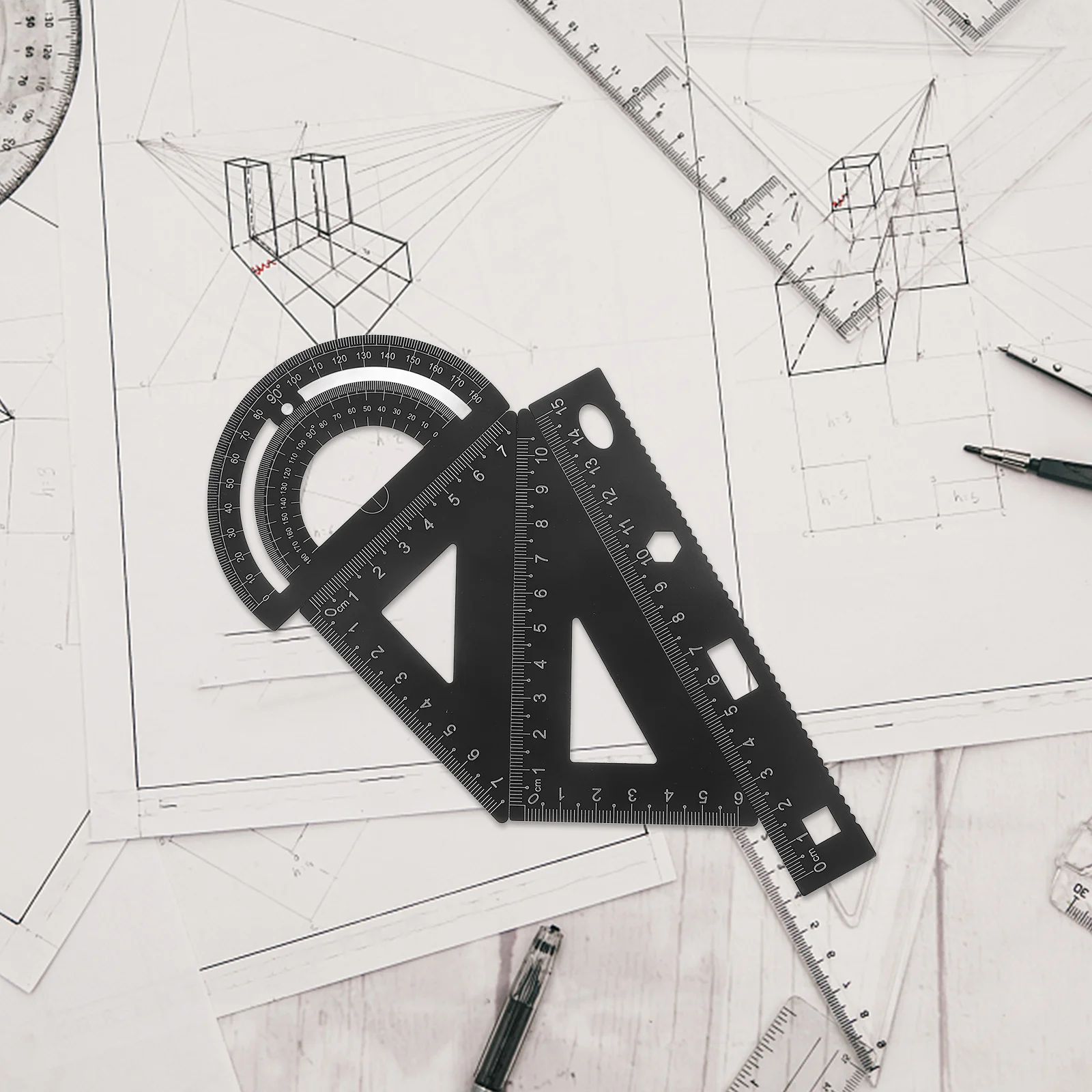 

4pcs Metal Ruler Set Black Geometry Tools For Students Portable Straight Edge Triangle Protractor Stationery Kit Ruler