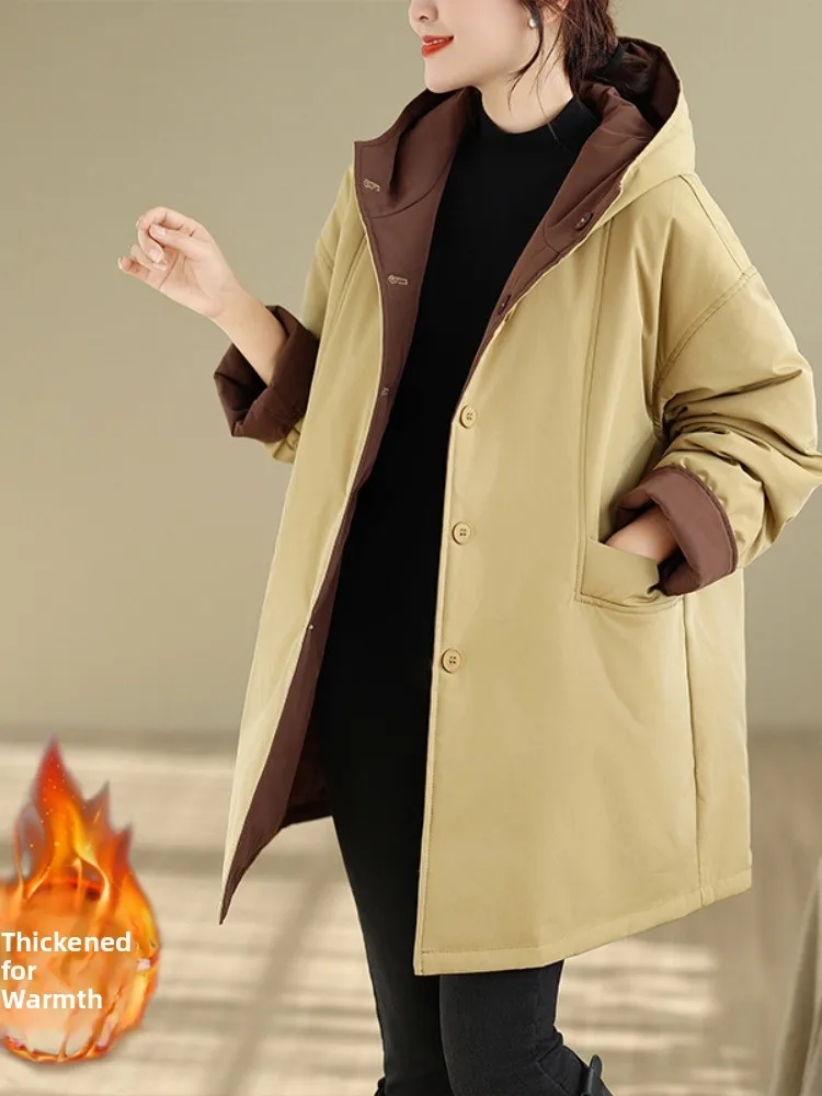 

Утепленное хлопковое пальто для женщин, двустороннее, с капюшоном, средней длины, теплое и морозостойкое, модное, больших размеров.