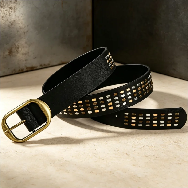 Y2K Gothic Studded PU Belt Gold‑silver Mixed Rivet Design Fashion Wide Waistband For Women Daily Outfit