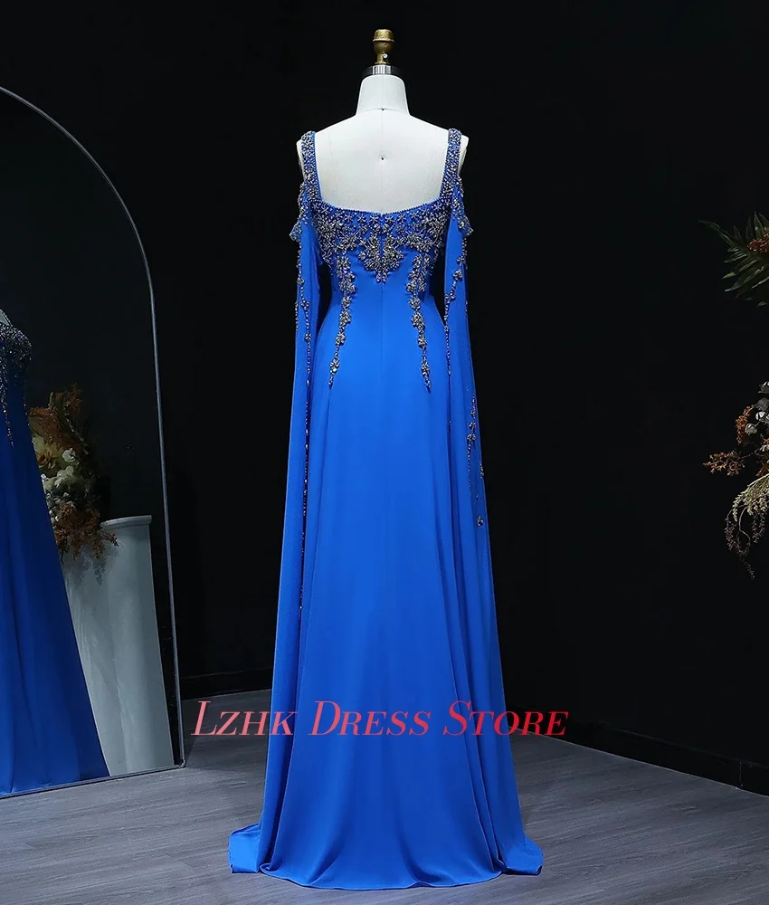 Vestido de noche personalizado de gasa exquisito, corte en A, tirantes finos, cuentas de cristal, vestidos de fiesta sexis de manga larga con cuello cuadrado