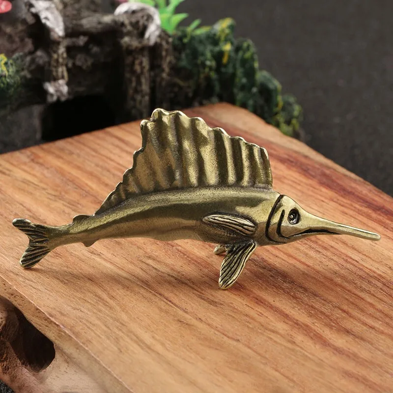 Vintage Solid Brass Swordfish Figurine Sailfish Ocean Fish Statue Desktop Tea Pet Ornament Home Decor Collectible Gift