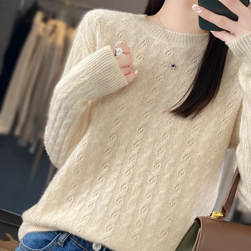 Women\'s Sweater Autumn/Winter 100% Pure Wool Hoodie Casual Knitted Blouse Round Neck Loose Tops Fashion Hollow Bottom Sweater