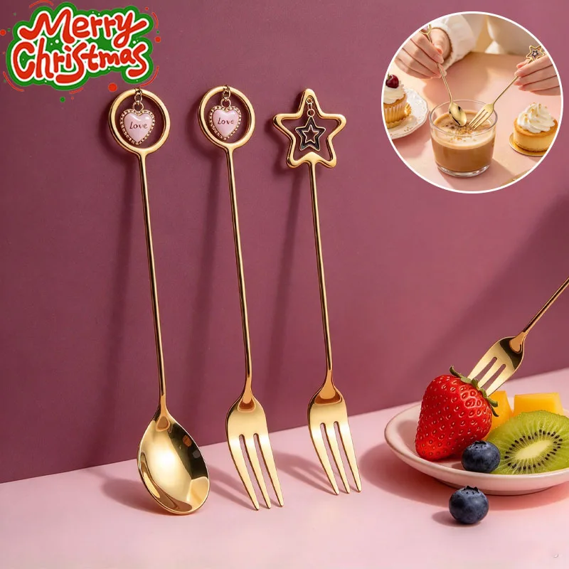 1-10PCS Creative Stainless Steel Coffee Spoon and Fruit Fork Heart Star Engraved Pendant Dessert Stirring Utensil for Party Gift