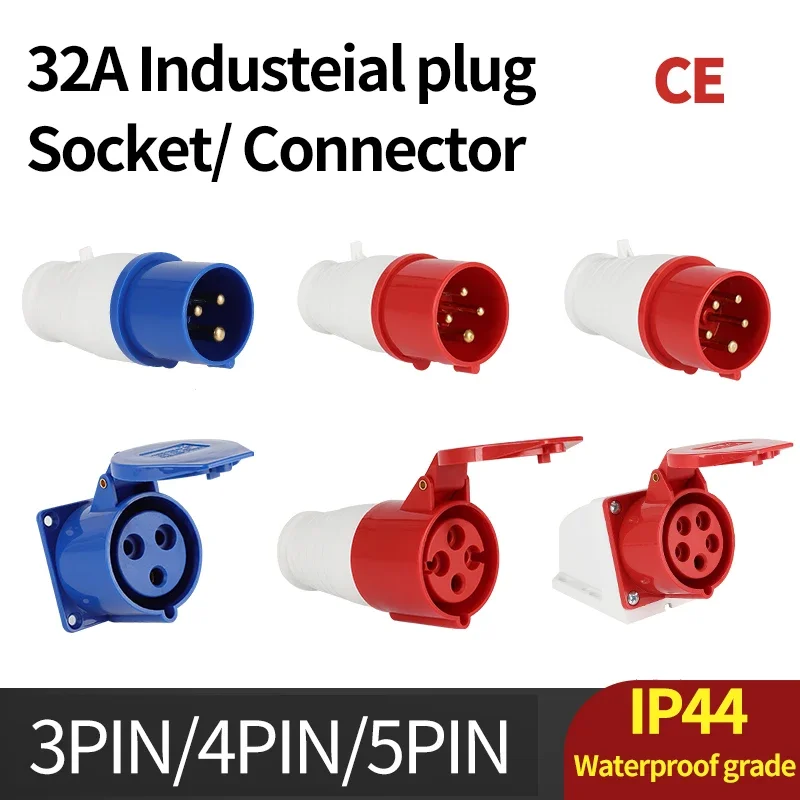 IP44 Industrie Stecker und Buchse wasserdichter Stecker 3-polig 4-polig 5-polig 32a wasserdichter elektrischer Anschluss Wand halterung